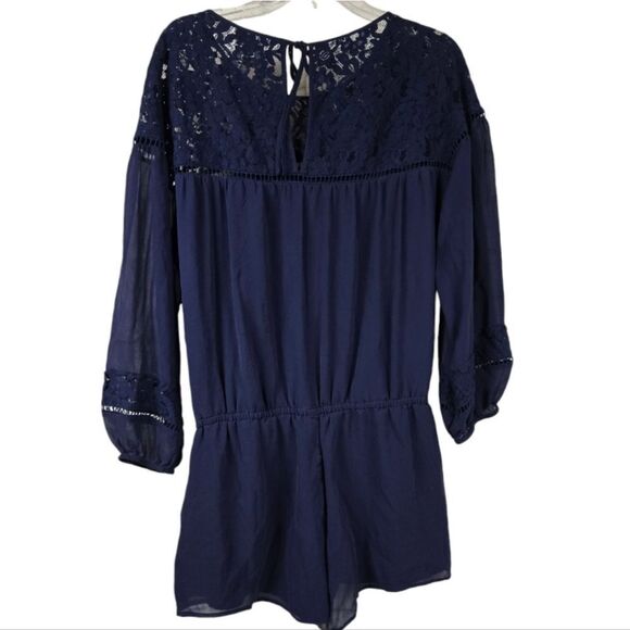 Joie Navy Jevin Silk Romper Pockets Long Sheer Sleeves Floral Lace Short Jumper - Picture 9 of 15